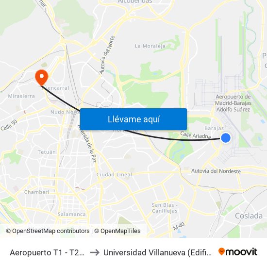 Aeropuerto T1 - T2 - T3 to Universidad Villanueva (Edificio A) map