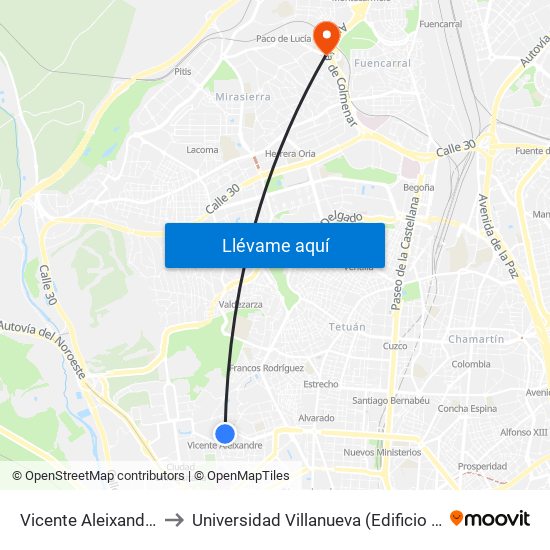 Vicente Aleixandre to Universidad Villanueva (Edificio A) map