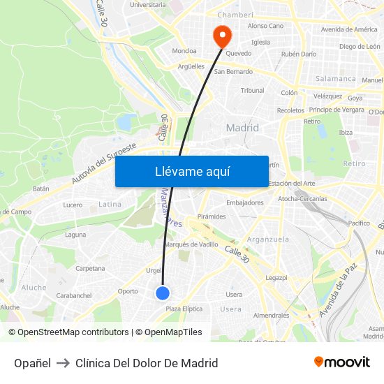 Opañel to Clínica Del Dolor De Madrid map