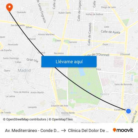 Av. Mediterráneo - Conde De Casal to Clínica Del Dolor De Madrid map