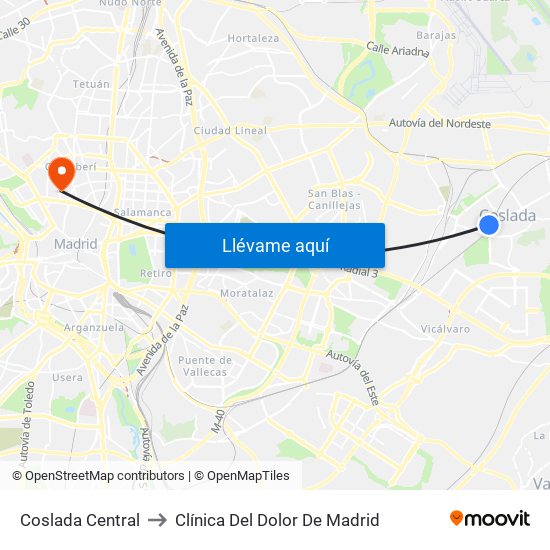 Coslada Central to Clínica Del Dolor De Madrid map