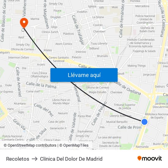 Recoletos to Clínica Del Dolor De Madrid map