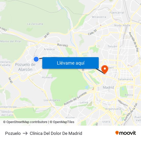 Pozuelo to Clínica Del Dolor De Madrid map