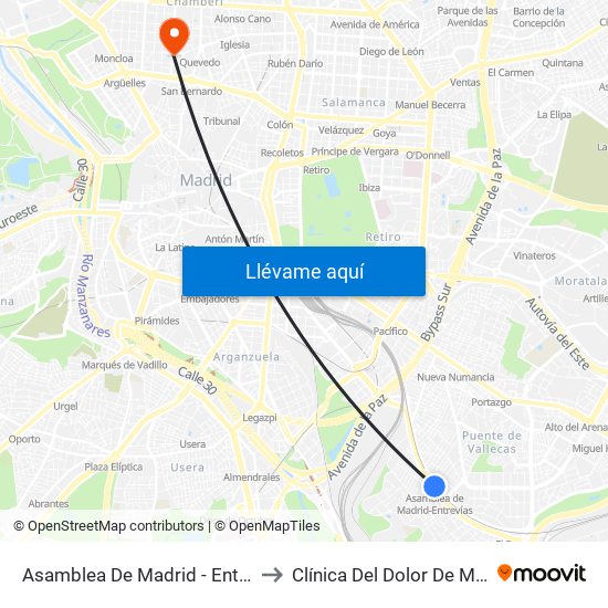 Asamblea De Madrid - Entrevías to Clínica Del Dolor De Madrid map
