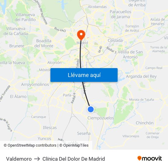 Valdemoro to Clínica Del Dolor De Madrid map