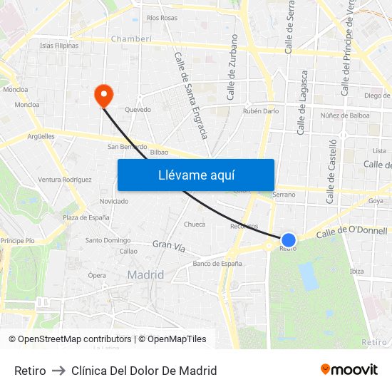 Retiro to Clínica Del Dolor De Madrid map