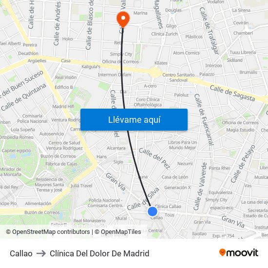 Callao to Clínica Del Dolor De Madrid map