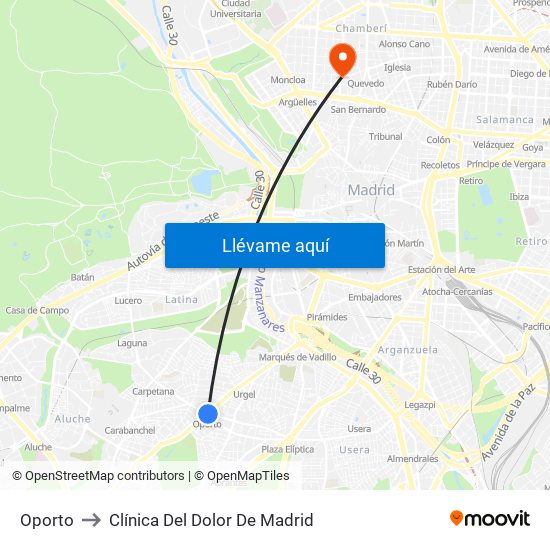 Oporto to Clínica Del Dolor De Madrid map