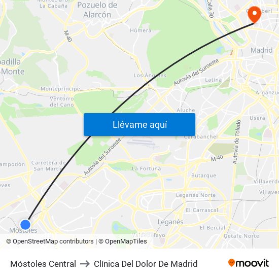 Móstoles Central to Clínica Del Dolor De Madrid map