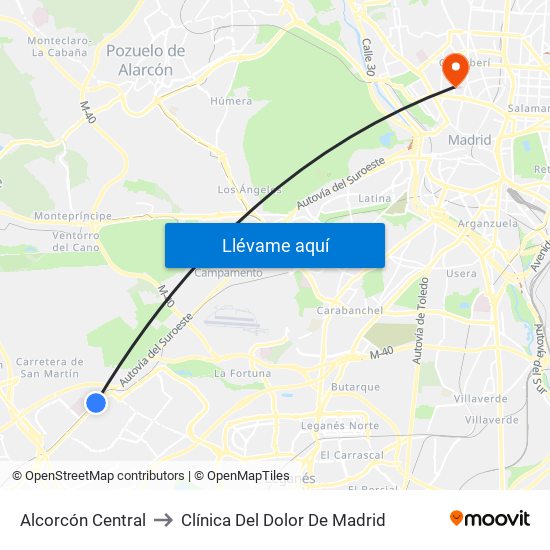 Alcorcón Central to Clínica Del Dolor De Madrid map