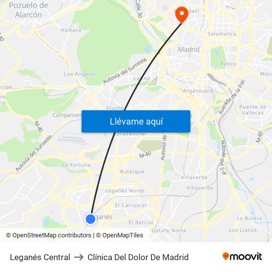Leganés Central to Clínica Del Dolor De Madrid map