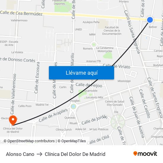 Alonso Cano to Clínica Del Dolor De Madrid map