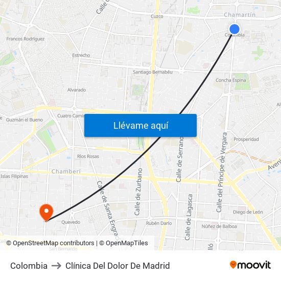 Colombia to Clínica Del Dolor De Madrid map