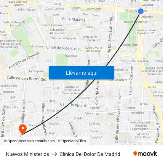 Nuevos Ministerios to Clínica Del Dolor De Madrid map