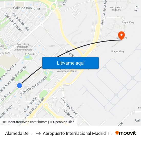 Alameda De Osuna to Aeropuerto Internacional Madrid T1 (Check In) map