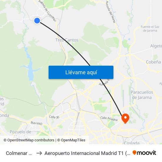 Colmenar Viejo to Aeropuerto Internacional Madrid T1 (Check In) map