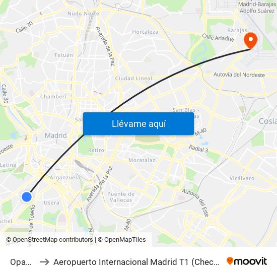 Opañel to Aeropuerto Internacional Madrid T1 (Check In) map