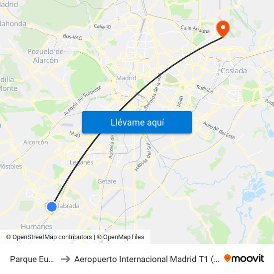 Parque Europa to Aeropuerto Internacional Madrid T1 (Check In) map