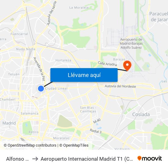Alfonso XIII to Aeropuerto Internacional Madrid T1 (Check In) map