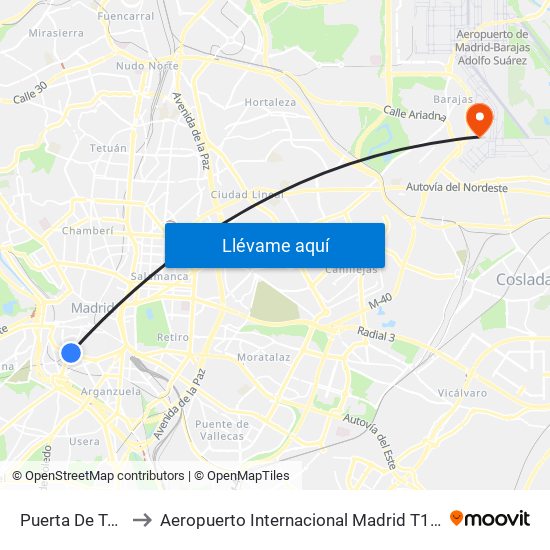 Puerta De Toledo to Aeropuerto Internacional Madrid T1 (Check In) map