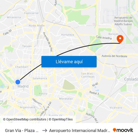 Gran Vía - Plaza De España to Aeropuerto Internacional Madrid T1 (Check In) map