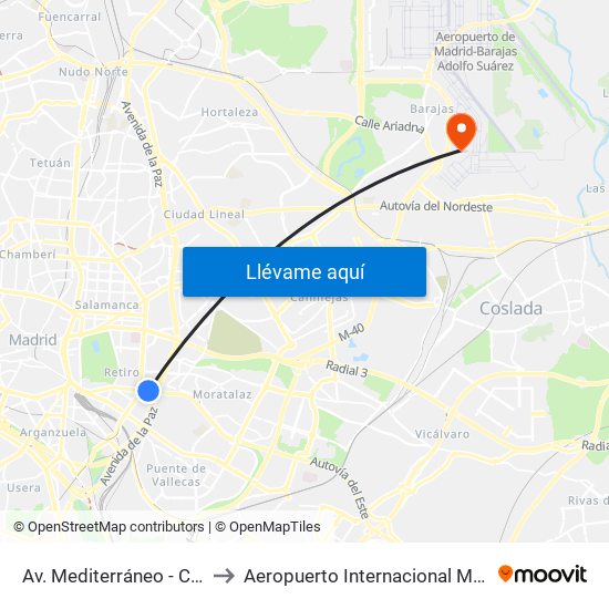 Av. Mediterráneo - Conde De Casal to Aeropuerto Internacional Madrid T1 (Check In) map