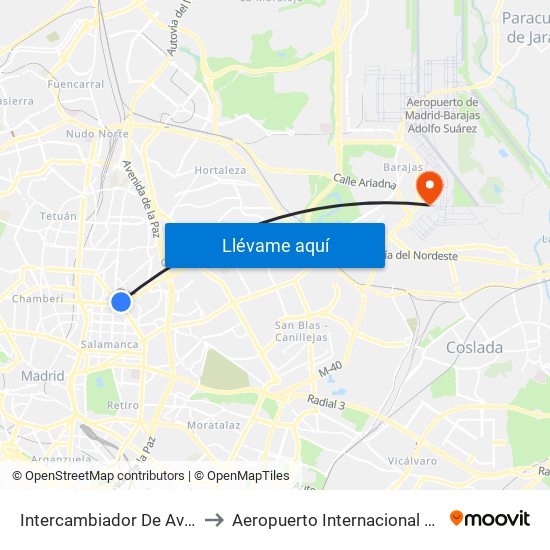 Intercambiador De Avenida De América to Aeropuerto Internacional Madrid T1 (Check In) map