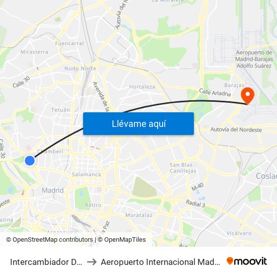 Intercambiador De Moncloa to Aeropuerto Internacional Madrid T1 (Check In) map