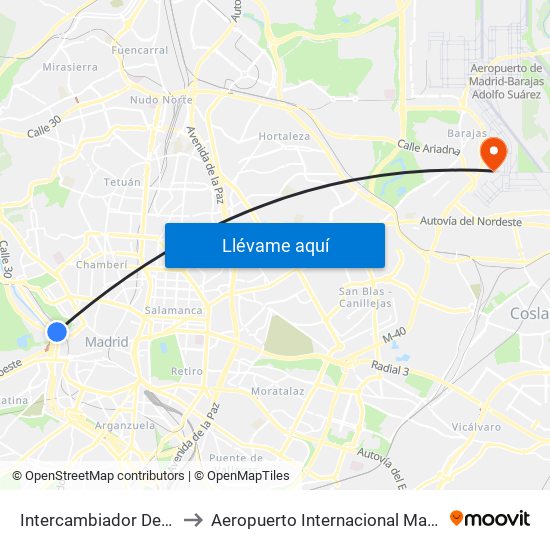 Intercambiador De Príncipe Pío to Aeropuerto Internacional Madrid T1 (Check In) map