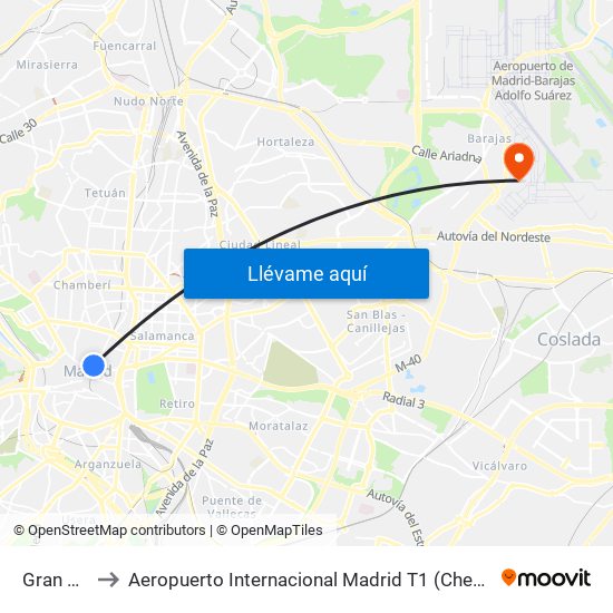 Gran Vía to Aeropuerto Internacional Madrid T1 (Check In) map