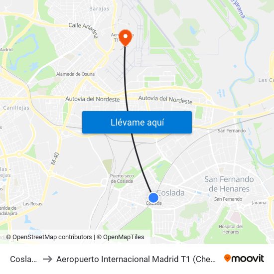Coslada to Aeropuerto Internacional Madrid T1 (Check In) map