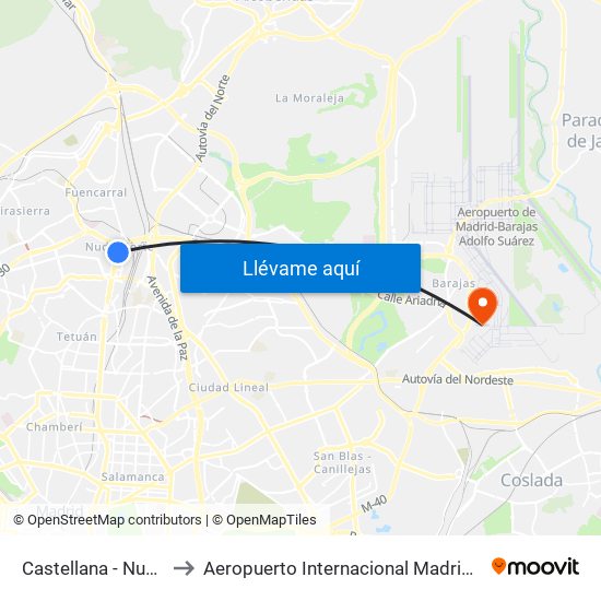 Castellana - Nudo Norte to Aeropuerto Internacional Madrid T1 (Check In) map