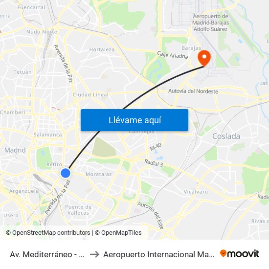 Av. Mediterráneo - Conde Casal to Aeropuerto Internacional Madrid T1 (Check In) map