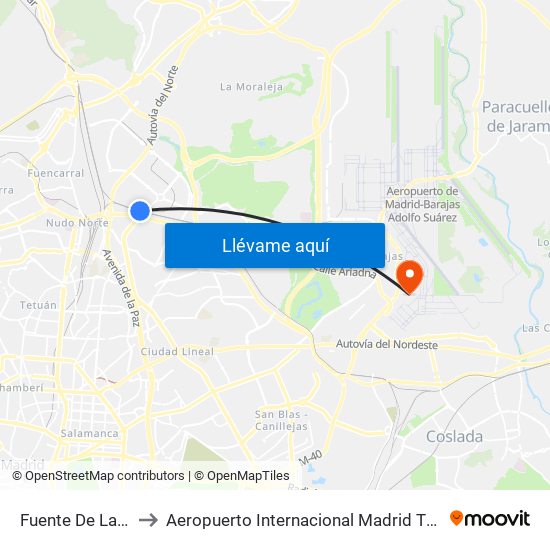 Fuente De La Mora to Aeropuerto Internacional Madrid T1 (Check In) map