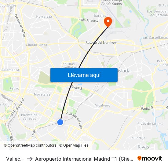 Vallecas to Aeropuerto Internacional Madrid T1 (Check In) map