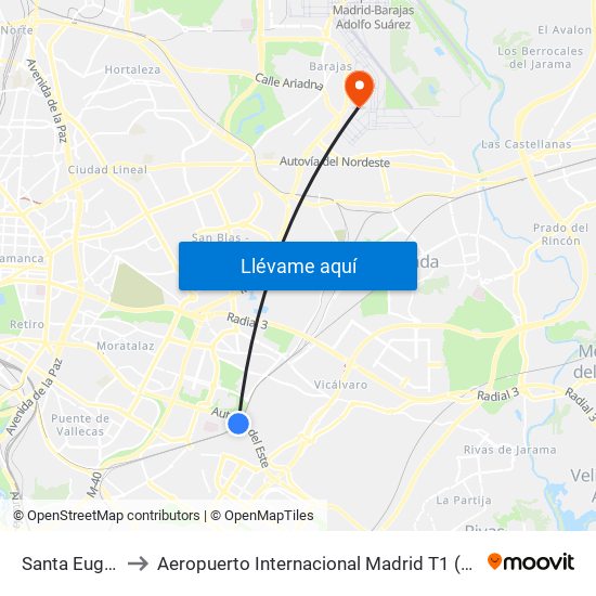 Santa Eugenia to Aeropuerto Internacional Madrid T1 (Check In) map