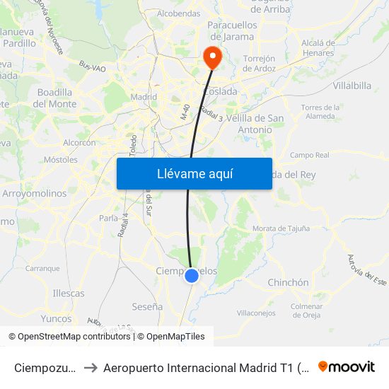Ciempozuelos to Aeropuerto Internacional Madrid T1 (Check In) map
