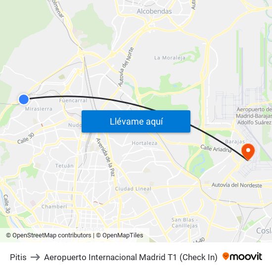 Pitis to Aeropuerto Internacional Madrid T1 (Check In) map