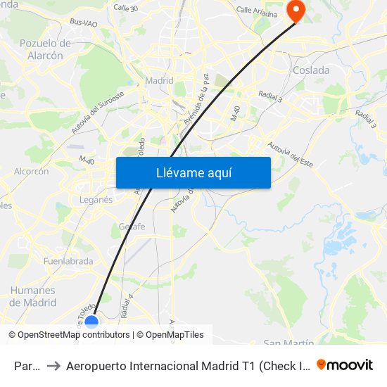 Parla to Aeropuerto Internacional Madrid T1 (Check In) map