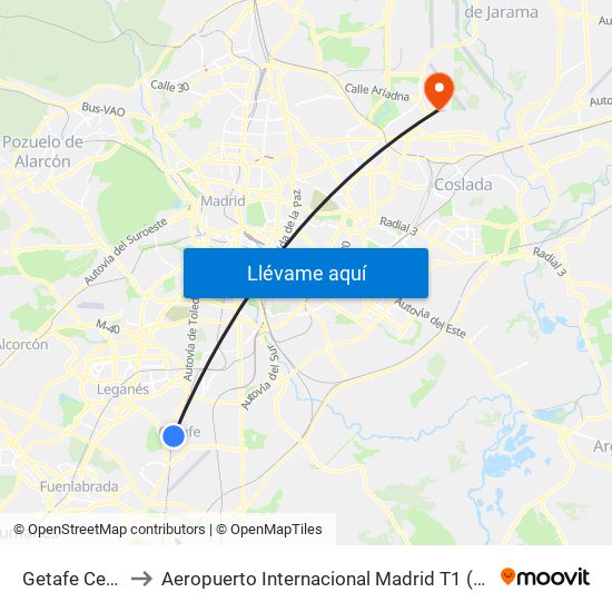 Getafe Centro to Aeropuerto Internacional Madrid T1 (Check In) map