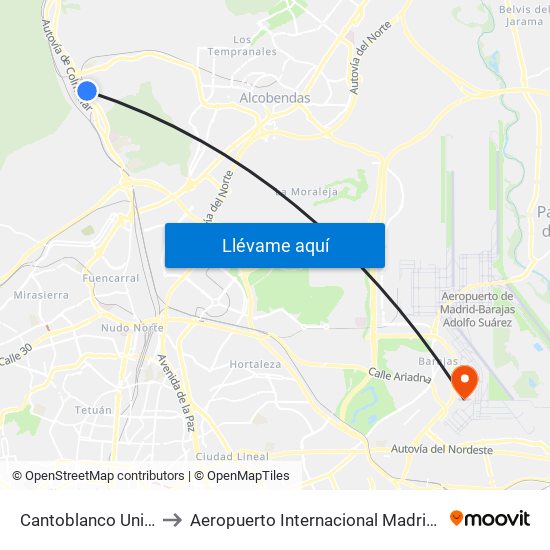 Cantoblanco Universidad to Aeropuerto Internacional Madrid T1 (Check In) map