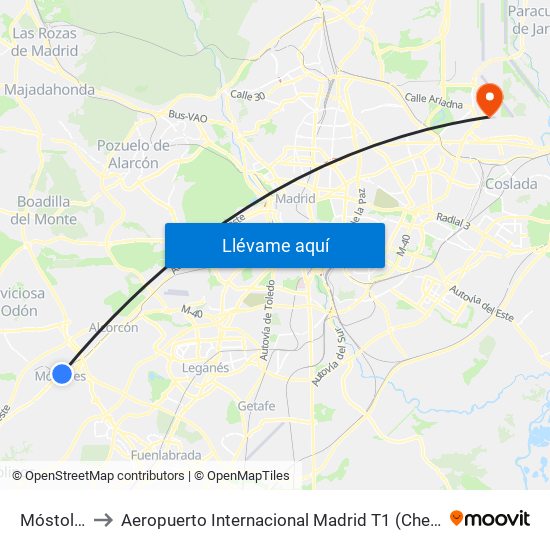 Móstoles to Aeropuerto Internacional Madrid T1 (Check In) map