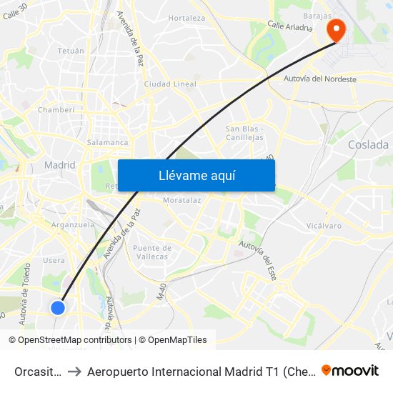 Orcasitas to Aeropuerto Internacional Madrid T1 (Check In) map