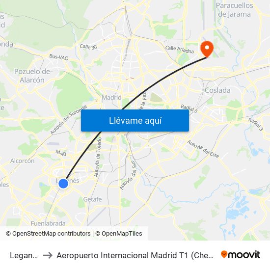 Leganés to Aeropuerto Internacional Madrid T1 (Check In) map
