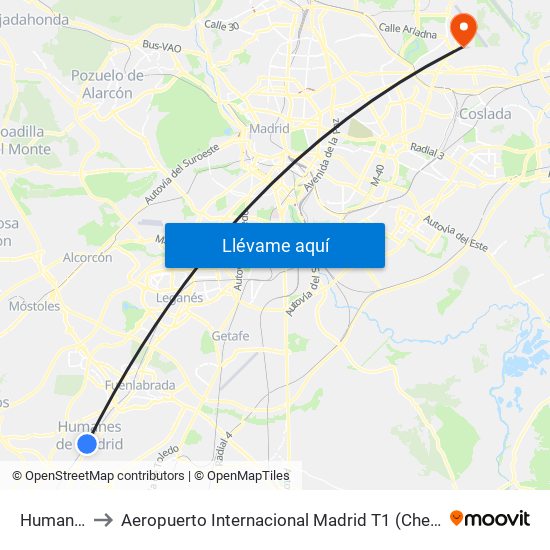 Humanes to Aeropuerto Internacional Madrid T1 (Check In) map