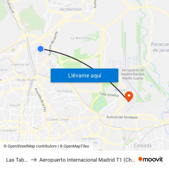 Las Tablas to Aeropuerto Internacional Madrid T1 (Check In) map