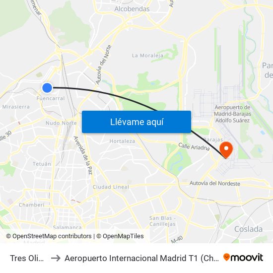 Tres Olivos to Aeropuerto Internacional Madrid T1 (Check In) map