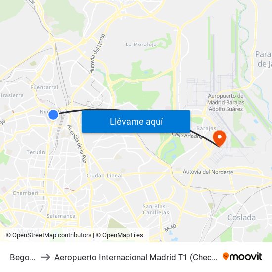 Begoña to Aeropuerto Internacional Madrid T1 (Check In) map
