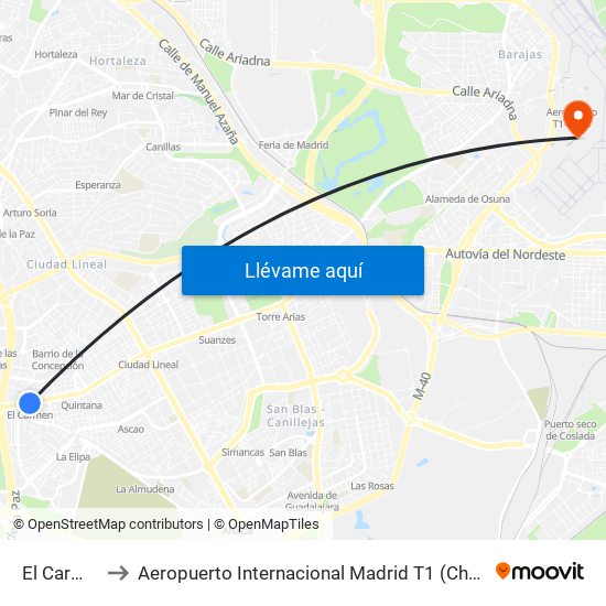 El Carmen to Aeropuerto Internacional Madrid T1 (Check In) map