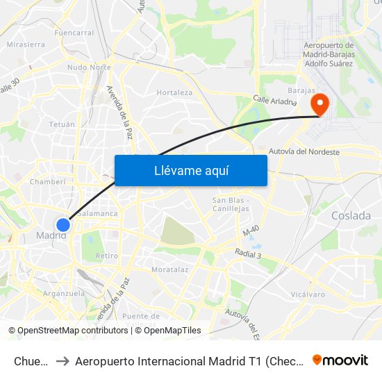 Chueca to Aeropuerto Internacional Madrid T1 (Check In) map